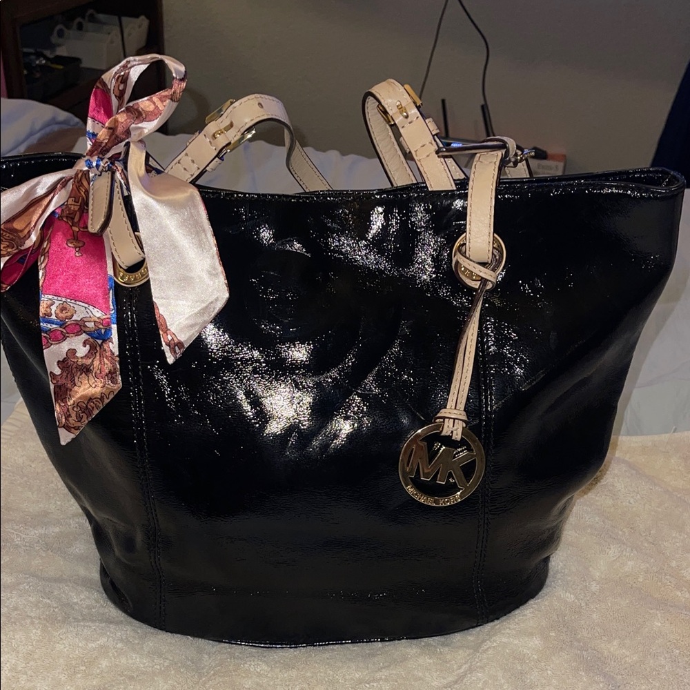 Michael Kors Shiny Black Tote with Pink Scarf Accent